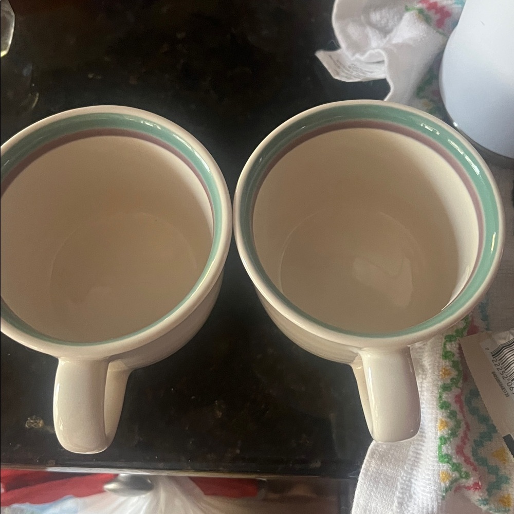 Vintage Pfaltzgraff Juniper Flat Coffee Cups |Set of 2 Green Plum Rim Stoneware